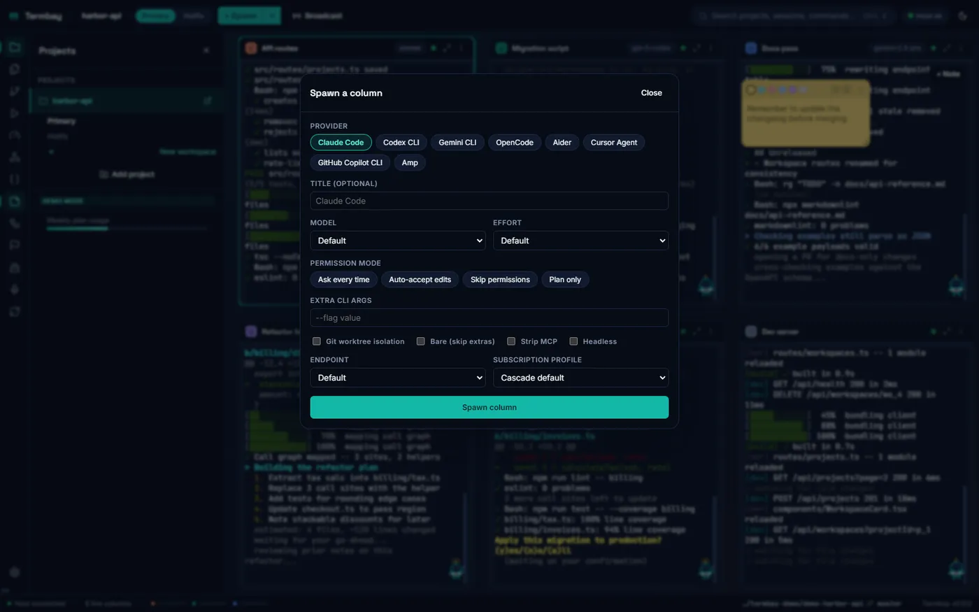 Termbay spawn options popover