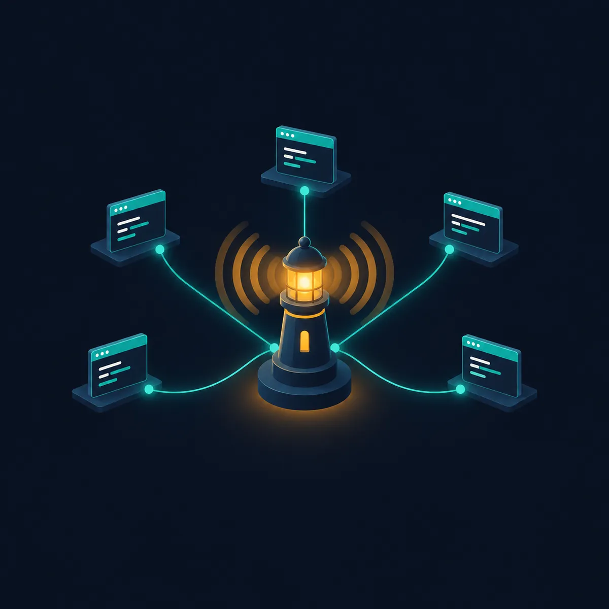 Isometric illustration of one message broadcasting to several terminal columns